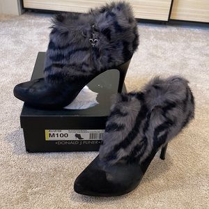 Donald Pliner zebra shearling/suede booties, blk w/grey fur, 4-1/2” heel, sz 10